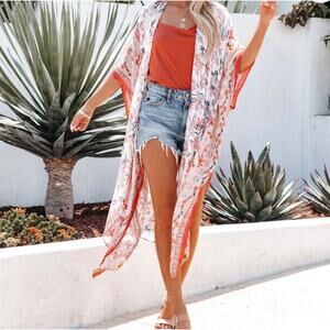 Boho Floral Midi‎ Open Front Lightweight Kimono Duster One Size Casual Layering